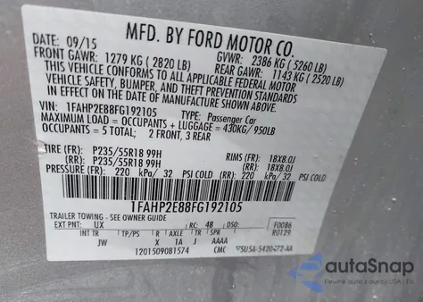 2015 Ford Taurus Sel из США, поврежденный, VIN 1FAHP2E88FG192105